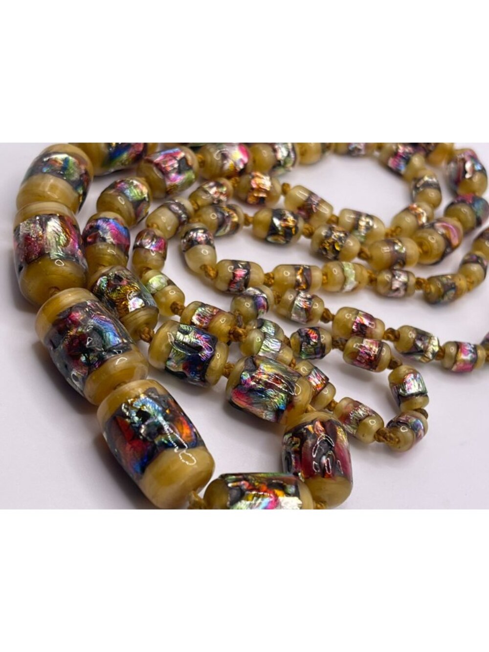 Vintage 1930s Italian Murano Yellow Glass Foil Beaded Necklace Art Nouveau Jewel - Picture 9 of 16